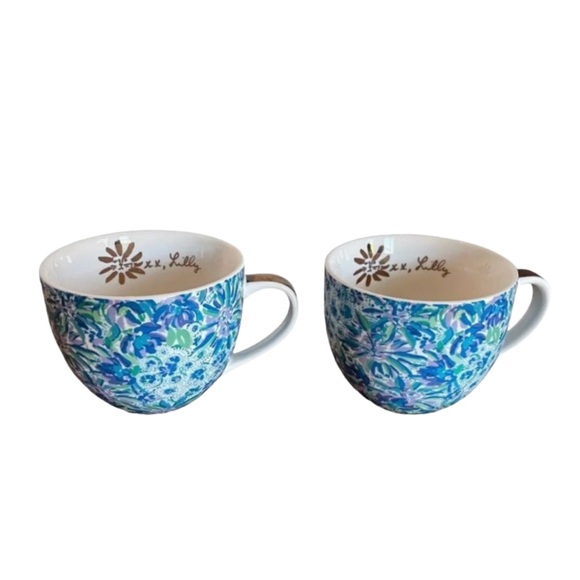 Lilly Pulitzer Other - Set of 2 Lilly Pulitzer Mug Cup 12 Oz Floral Blue Gold Handle Hidden Lion